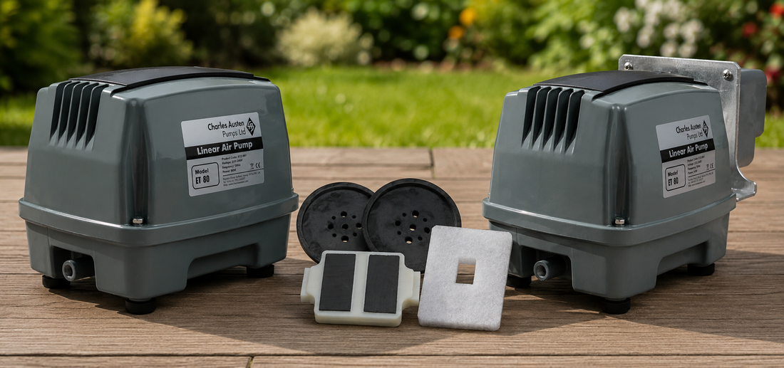 Range of air pumps and water pumps with service kits, filters, diaphragms, and magnets displayed as essential components and maintenance parts.