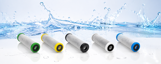 FibreOnyx carbon filter cartridges reducing chlorine, chloramine, lead, and organic contaminants from drinking water.