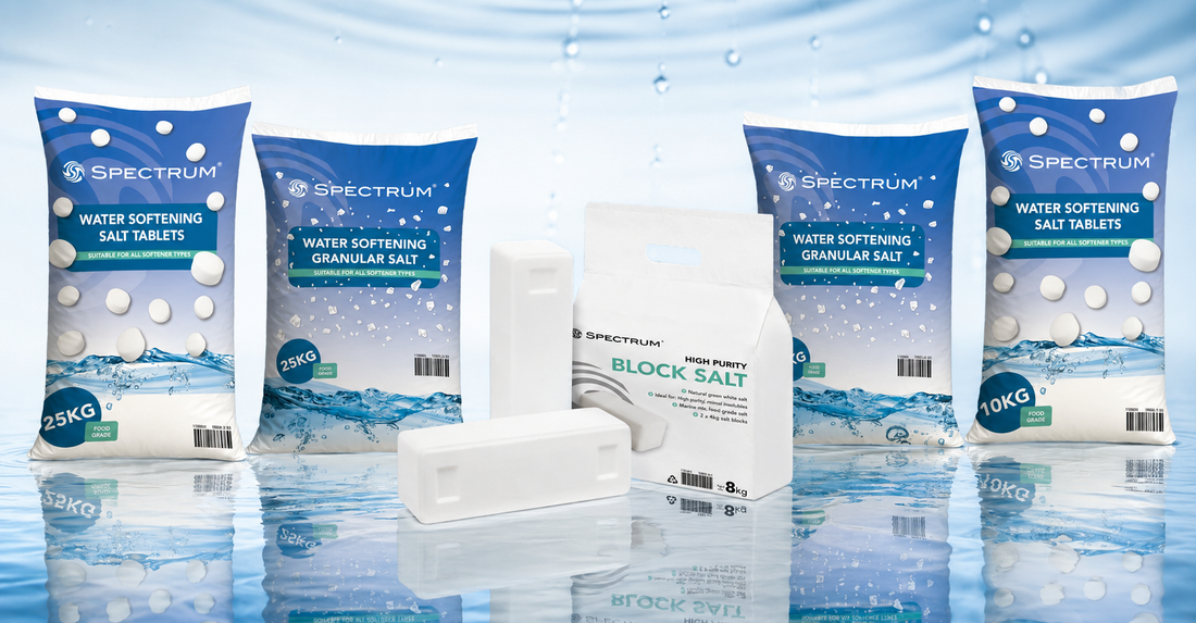 Water softener salt types including block salt, granular salt and tablet salt for domestic, commercial and industrial water softening systems