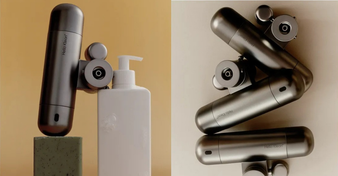 Hello Klean Skin Filter attached to a modern bathroom tap, featuring advanced multi-stage water filtration, microbubble cleansing technology, and smart water monitoring designed to improve water quality for skincare.
