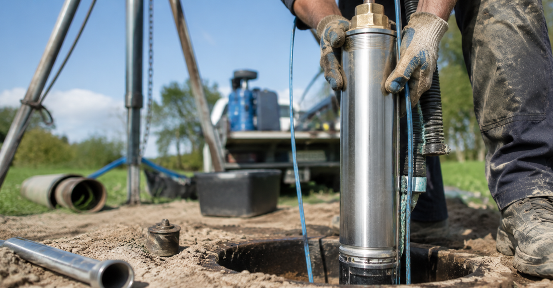 Professional borehole pump installation featuring a stainless steel submersible pump supplied by Waterwise Pumps and being lowered into a borehole.