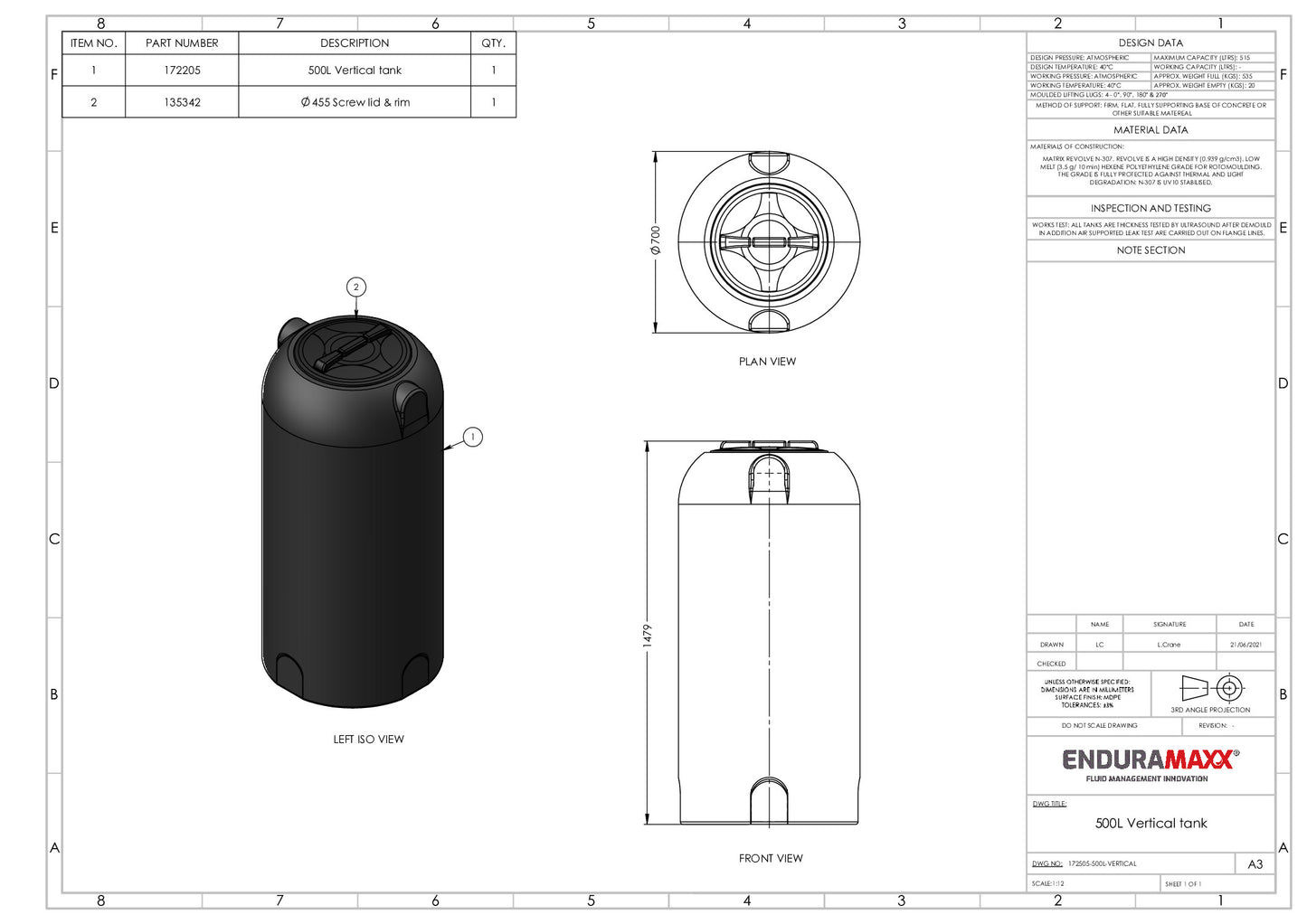 500 Litre Vertical Potable Drinking Water Tank