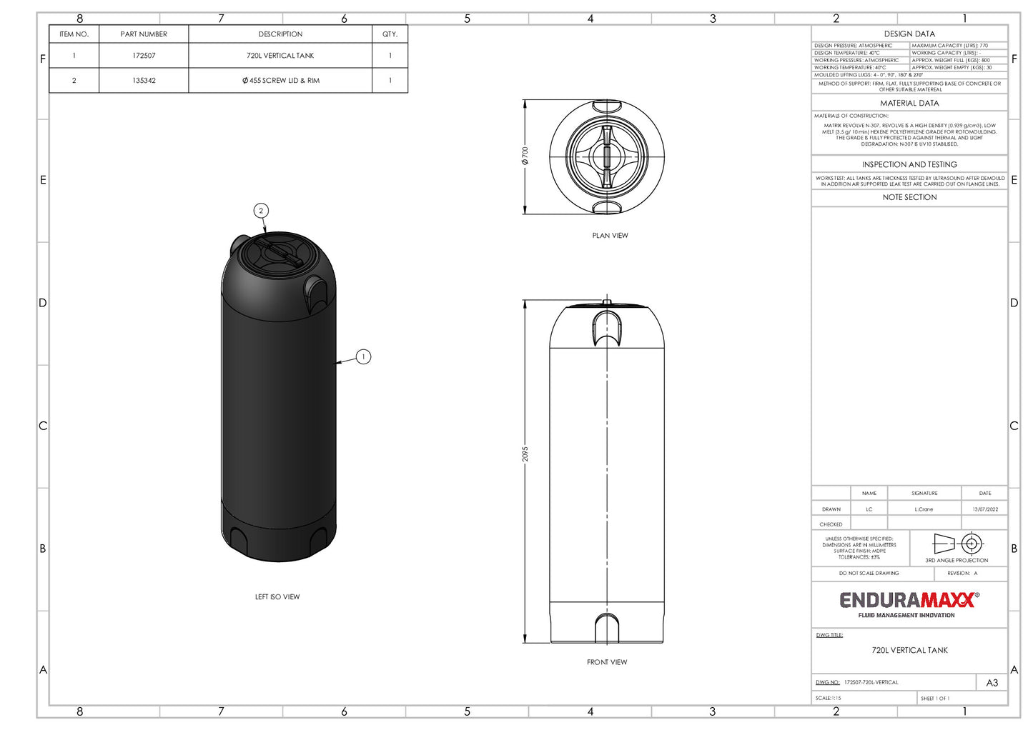 720 Litre Vertical Potable Drinking Water Tank