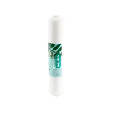 White_cylindrical_2_inch_GAC_drinking_water_filter_Cartridge_with_green_label_on_a_white_background