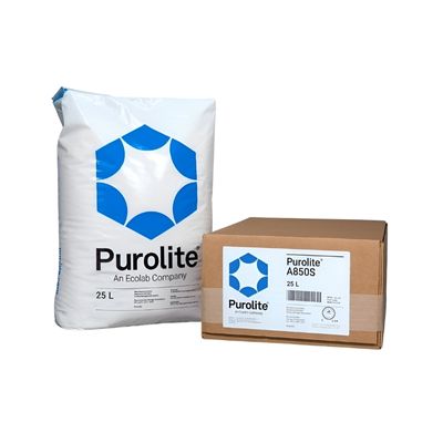 25_litre_white_Purolite_A850S_water_softening_resin_bag_next_to_brown_box_shaped_packaging_on_a_white_background