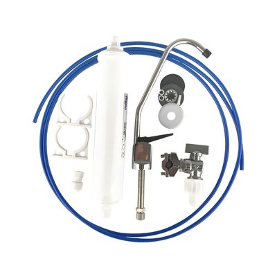 Basic_water_filter_kit_with_white_filter_and_blue_pipe_and_silver_faucet_on_a_white_background