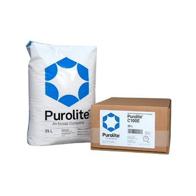 25_litre_white_Purolite_C100E_water_softening_resin_bag_next_to_brown_box_shaped_packaging_on_a_white_background