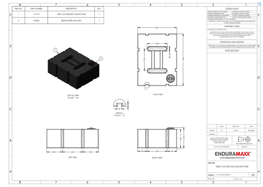 Enduramaxx 1000 Litre Baffled Flat Slimline Water Tank Drawings
