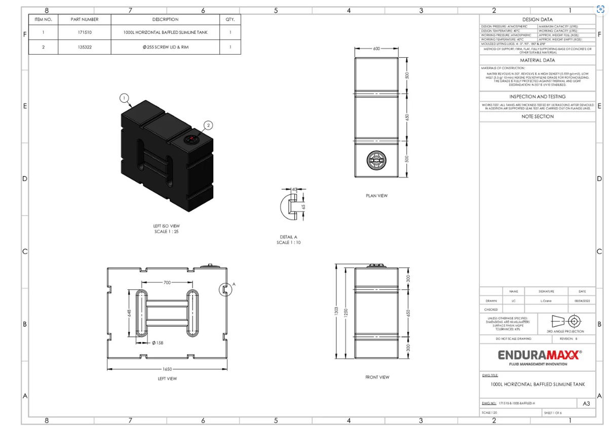 Enduramaxx 1000 Litre Baffled Horizontal Slimline Water Tank Drawings