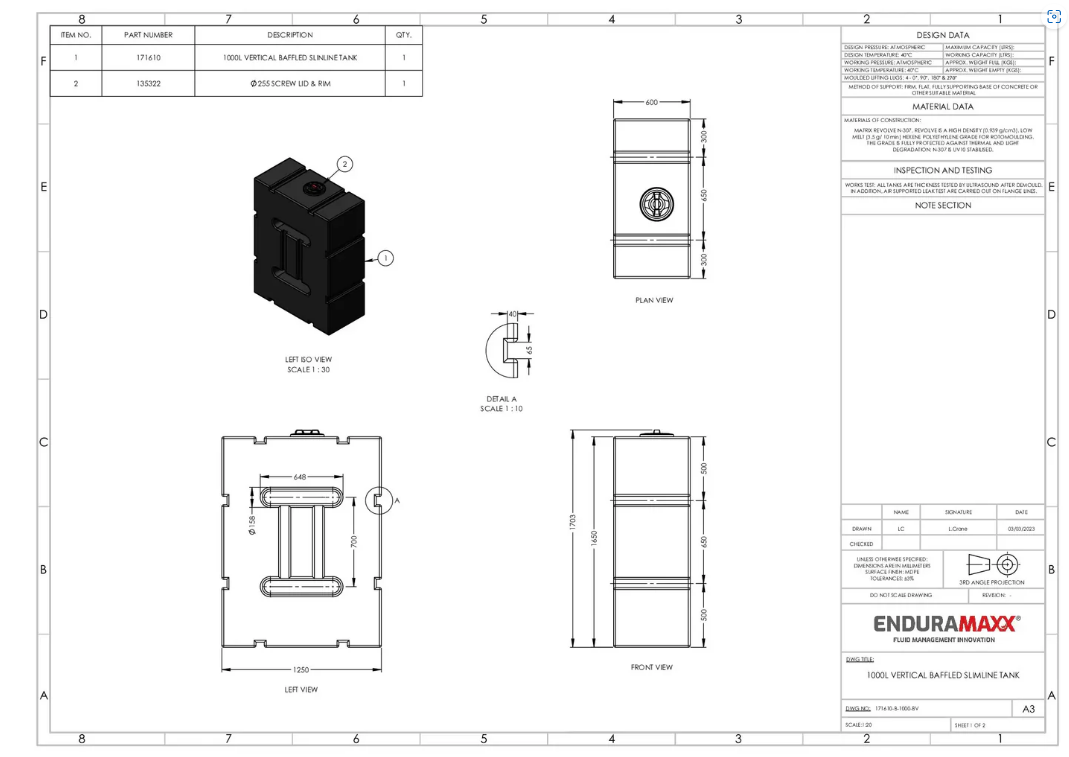 Enduramaxx 1000 Litre Baffled Upright Slimline Water Tank Drawings
