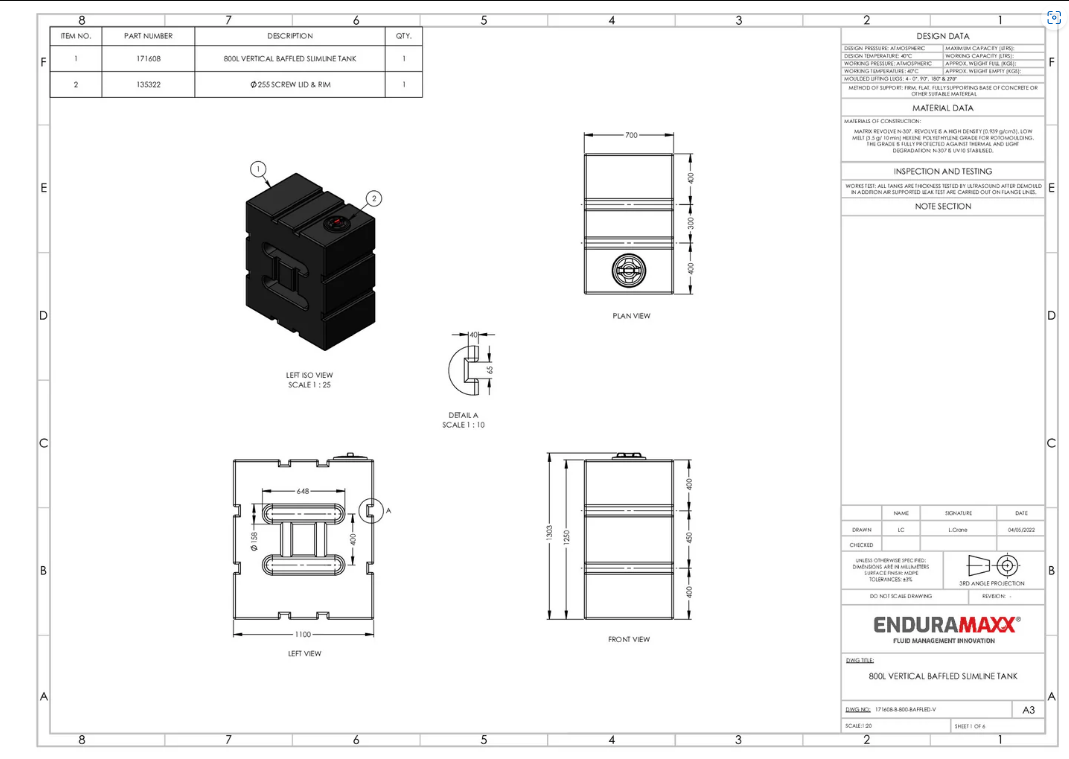 Enduramaxx 800 Litre Baffled Upright Slimline Water Tank Drawings