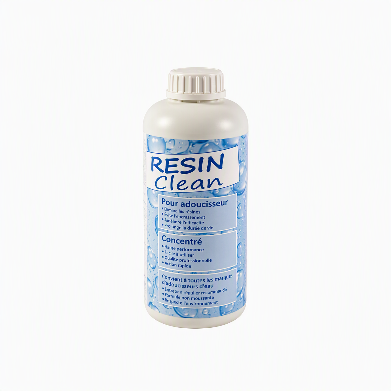 white bottle with blue label on a white background