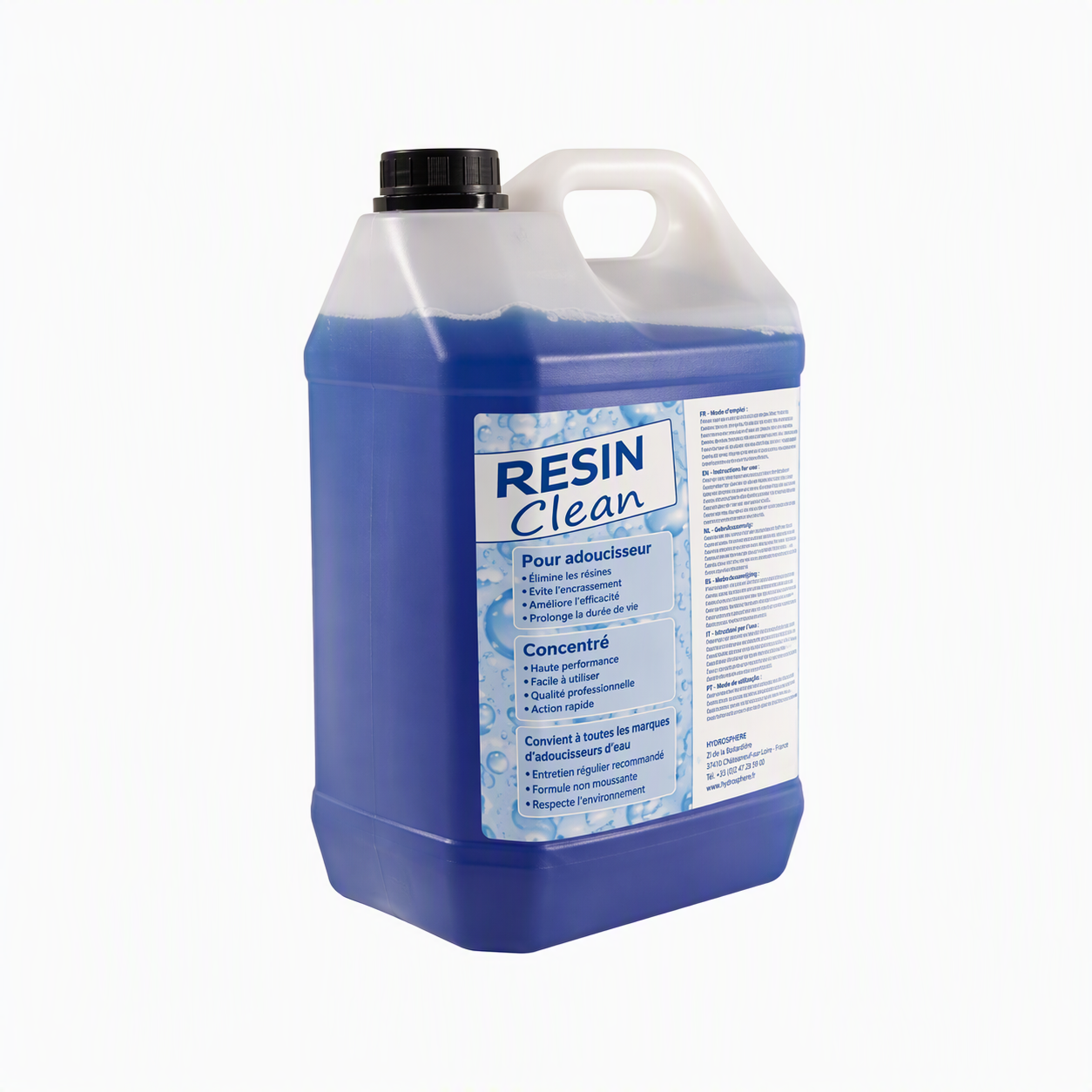 Tub of blue liquid with black cap with blue label