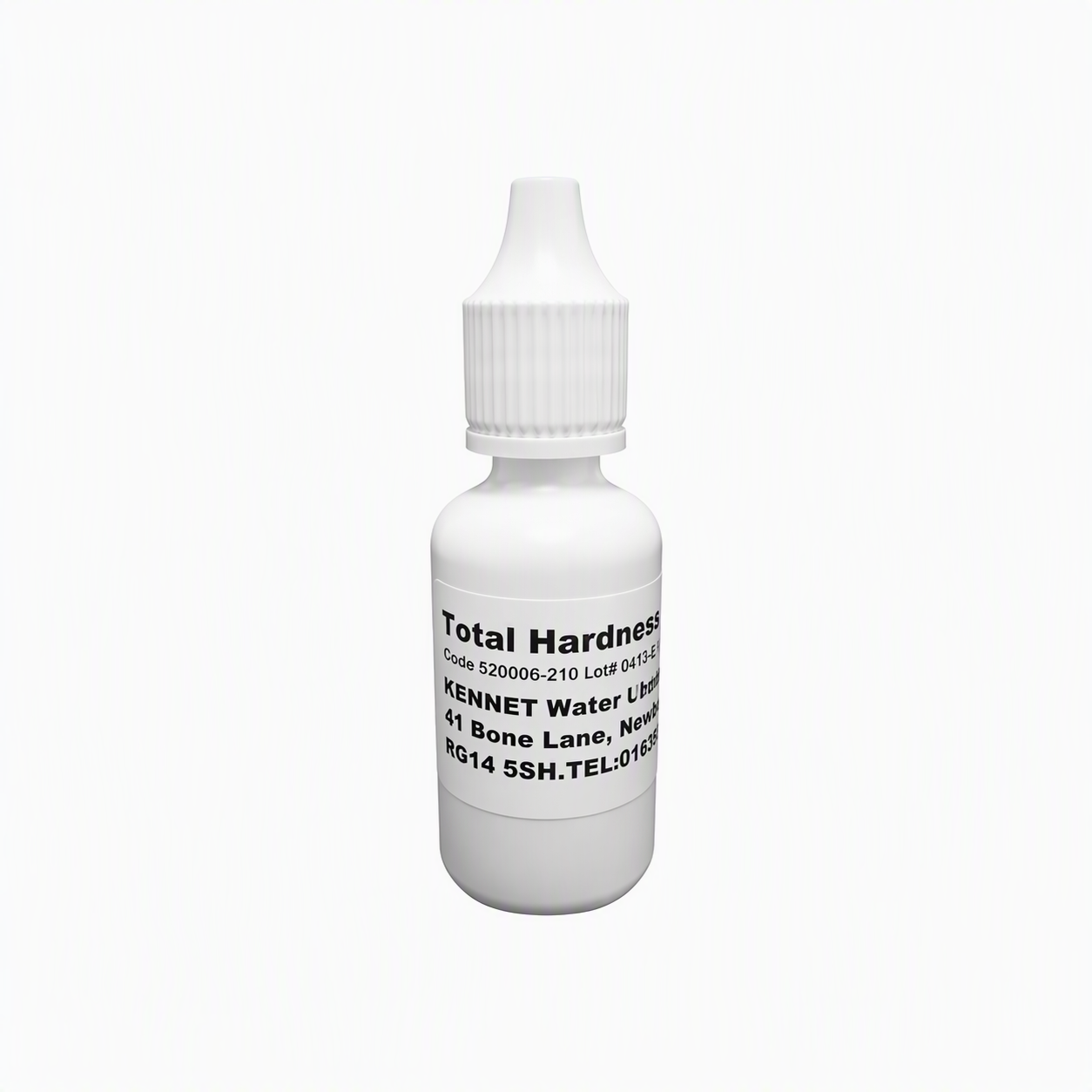Small white labelled bottle with cap on a white background