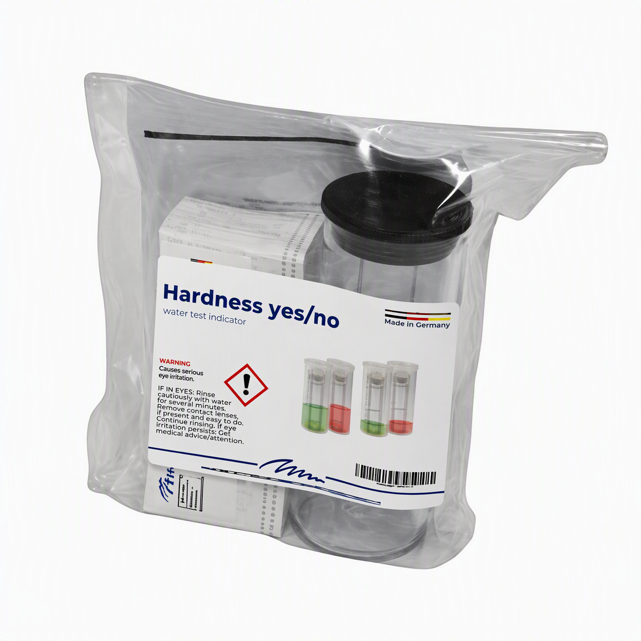 water hardness test kit in a sealed, labelled pouch on a white background