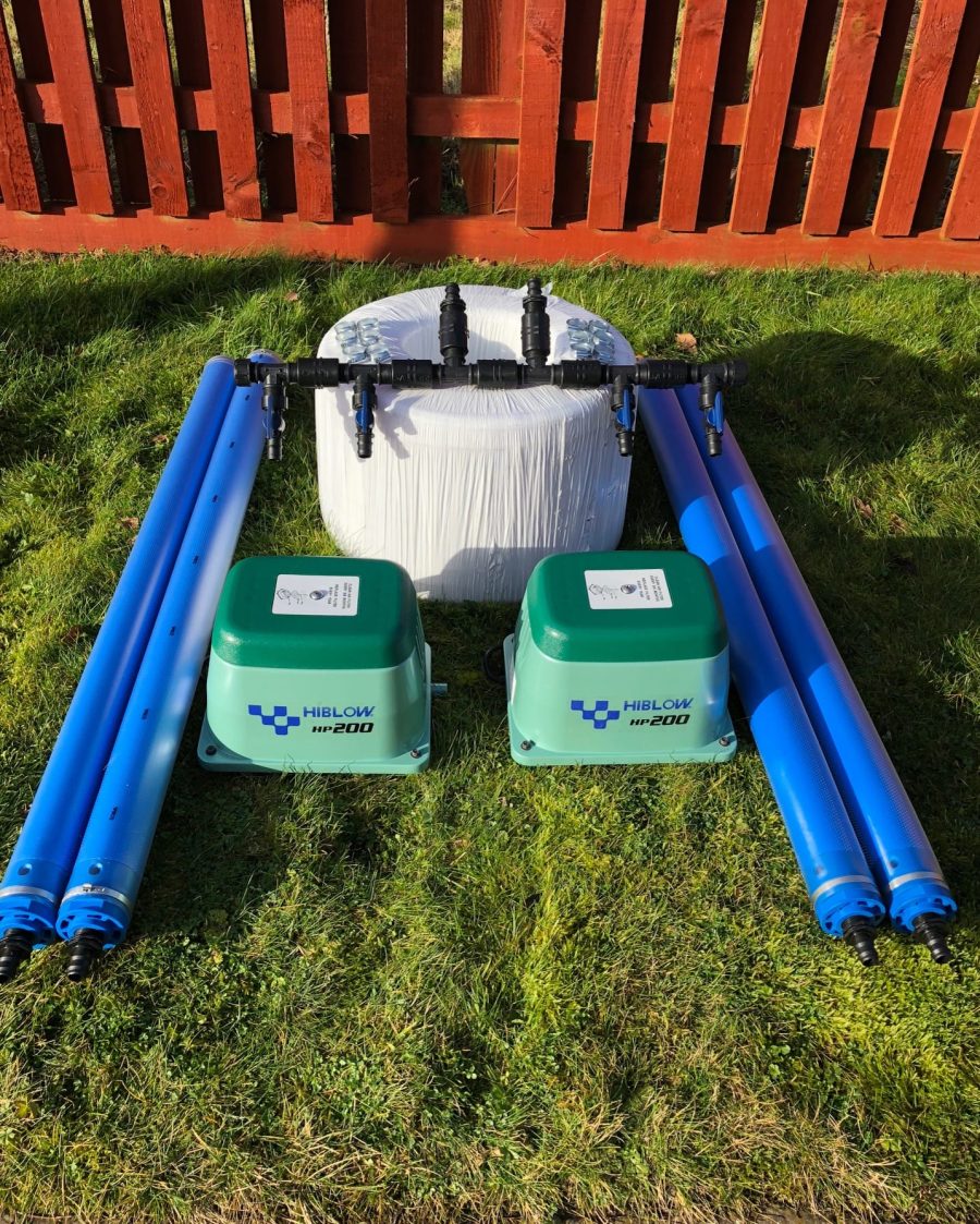 Large Lake Aeration Kit with 40m weighted airline and four 1m fine-bubble diffusers installed in a large pond or lake.