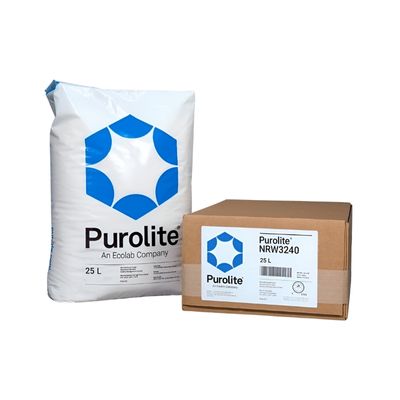25_litre_white_Purolite_NRW3240_water_softening_resin_bag_next_to_brown_box_shaped_packaging_on_a_white_background