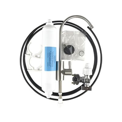 Premium_water_filter_kit_with_white_filter_and_black_pipe_and_silver_faucet_on_a_white_background