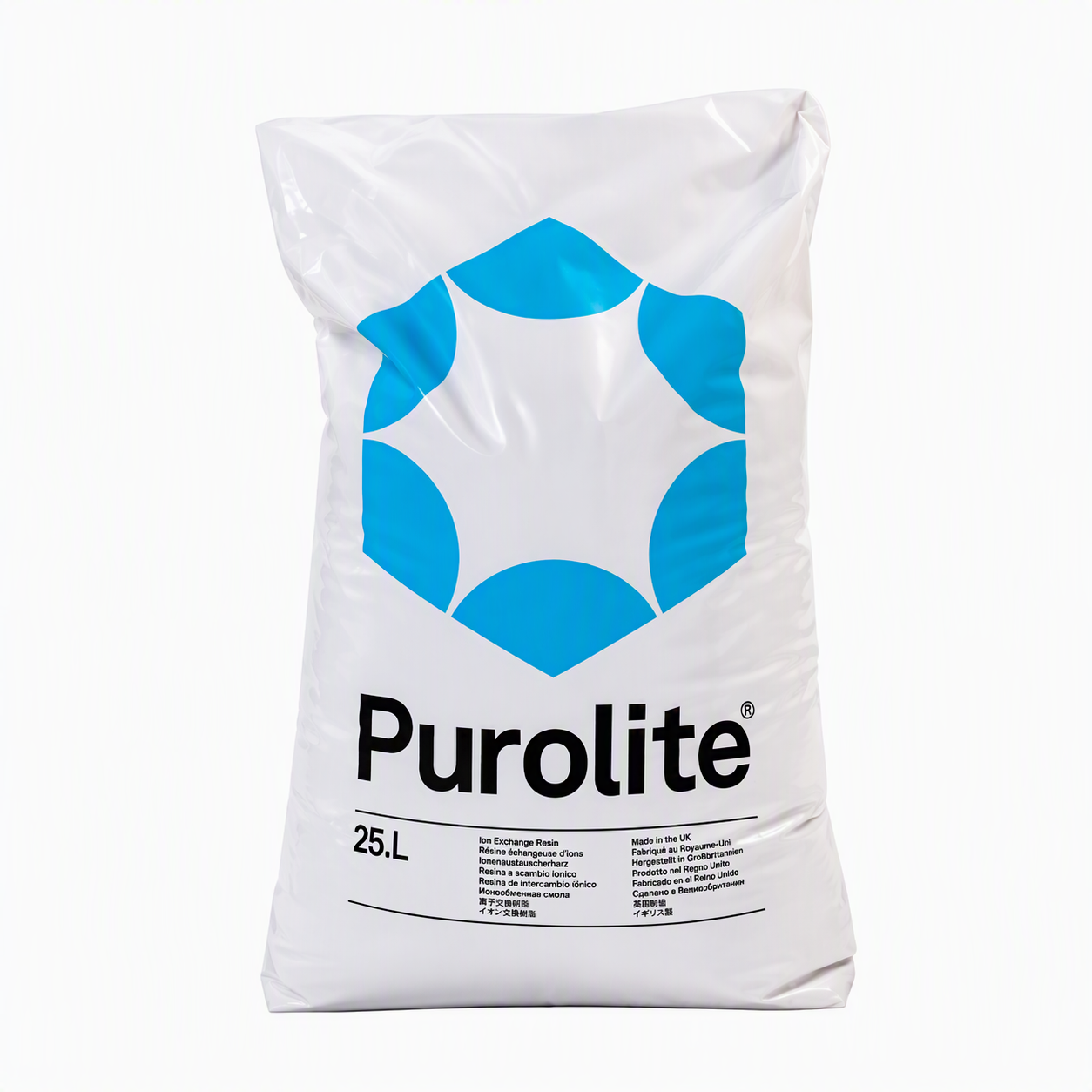 White bag with blue logo on a white background
