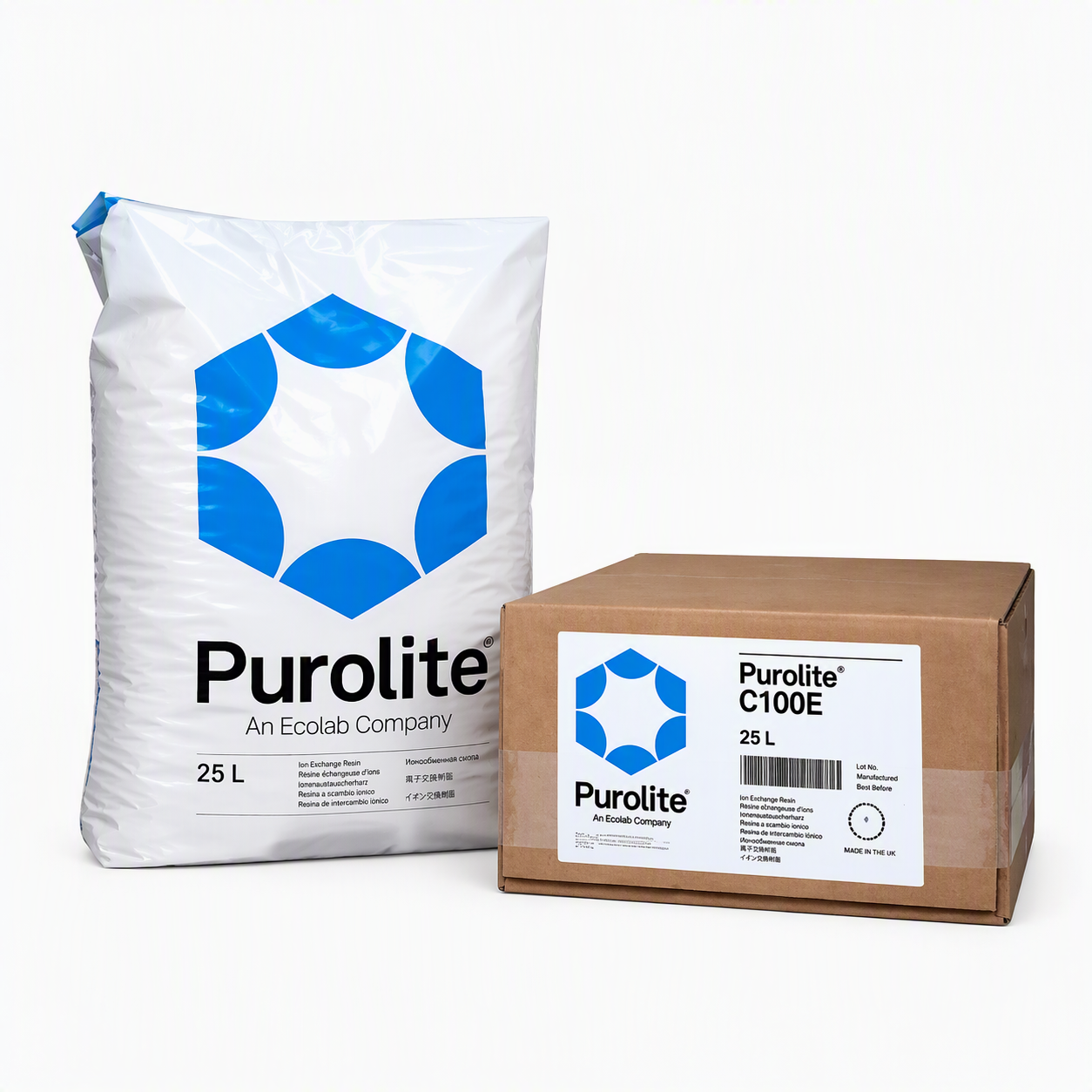 25_litre_white_Purolite_C100E_water_softening_resin_bag_next_to_brown_box_shaped_packaging_on_a_white_background