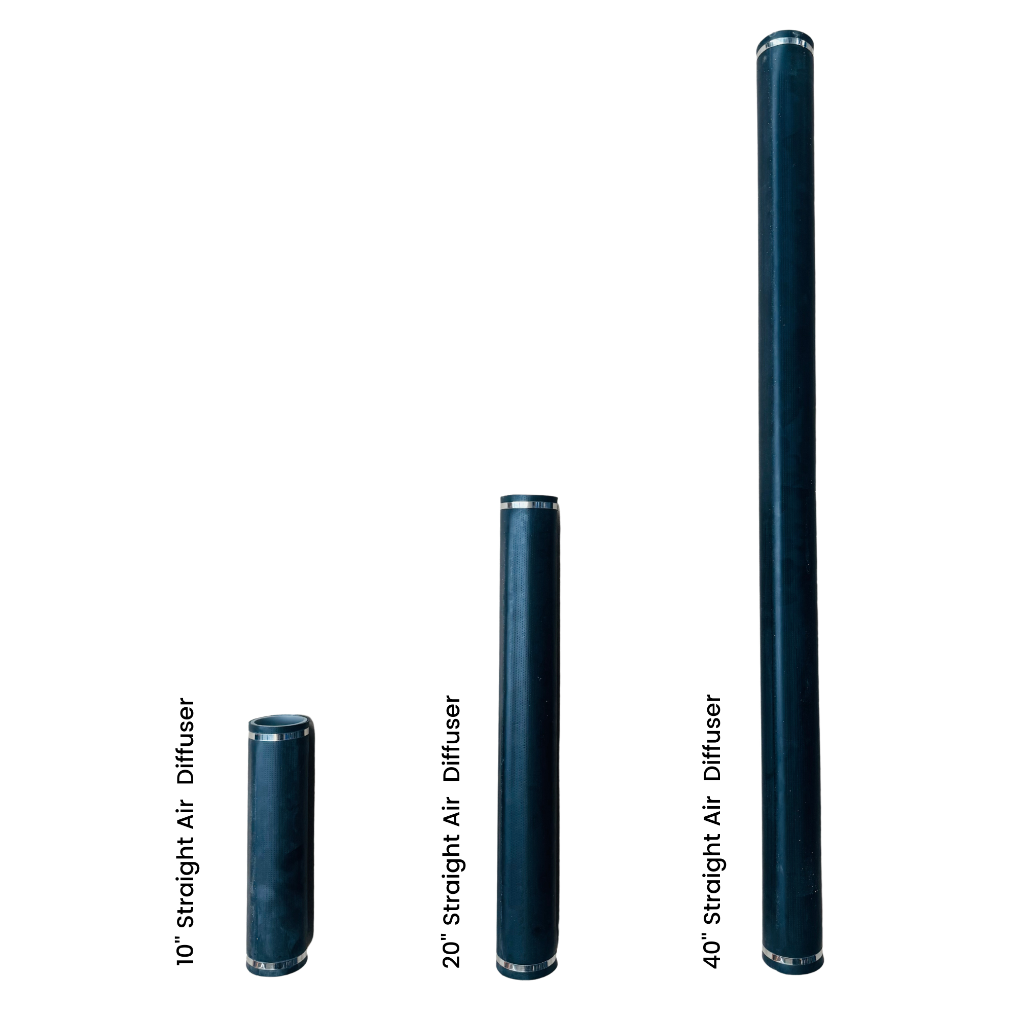 10-inch, 20-inch, and 40-inch straight air diffusers for pond and aquaculture applications, designed to provide efficient fine bubble aeration, increase dissolved oxygen levels, improve water quality, and support healthy aquatic environments in ponds, lakes, fisheries, and aquaculture systems.