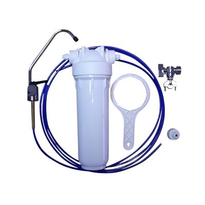 Under_Sink_Single_Stage_Water_filtration_system_Kit_system_with_blue_tubing_and_white_filter_on_a_white_background