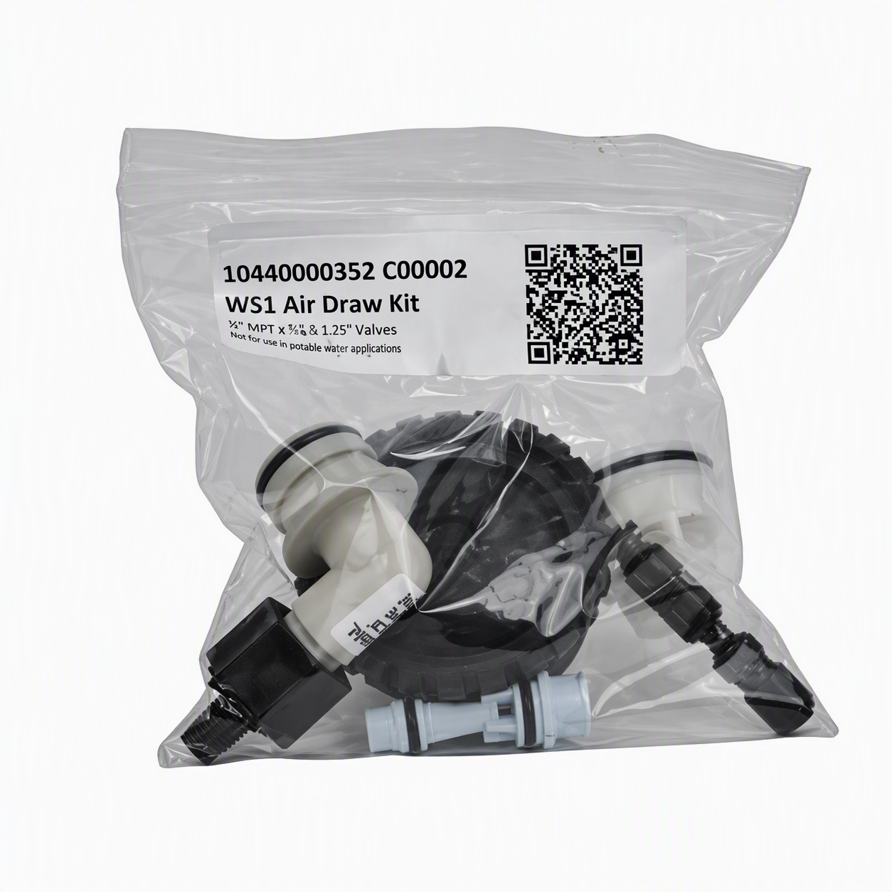 pouch of fittings with label including qr code on a white background