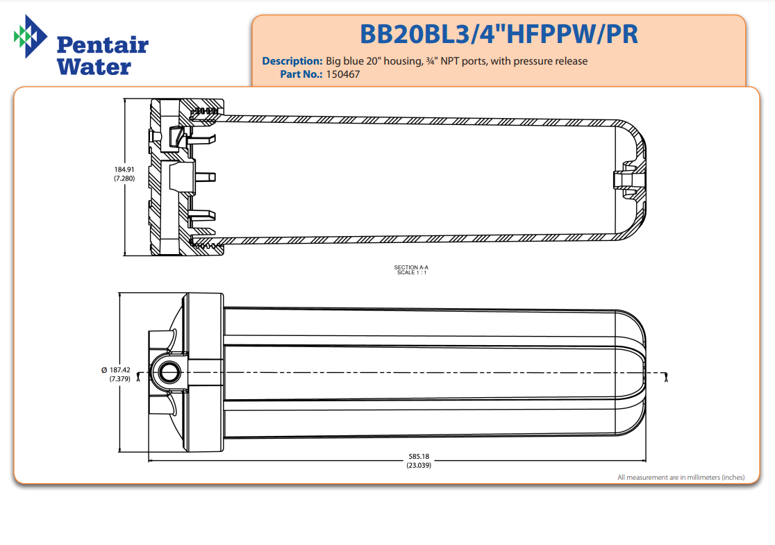 20" Pentair Big Blue Filter Housing 3/4" NPT